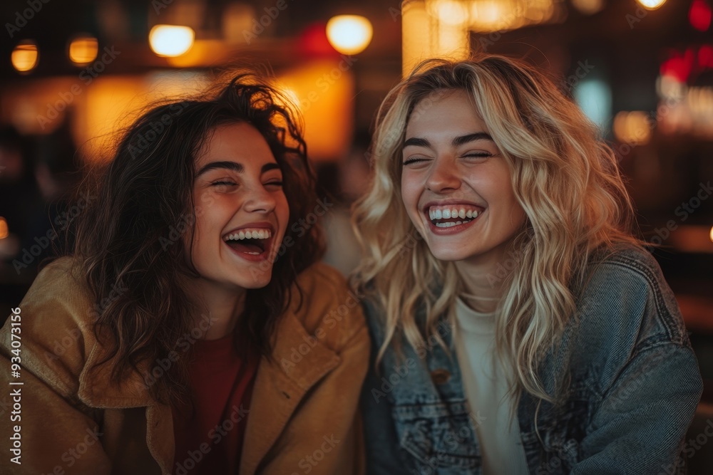 Two female friends laughing out loud in a cafe, having a good time, Generative AI