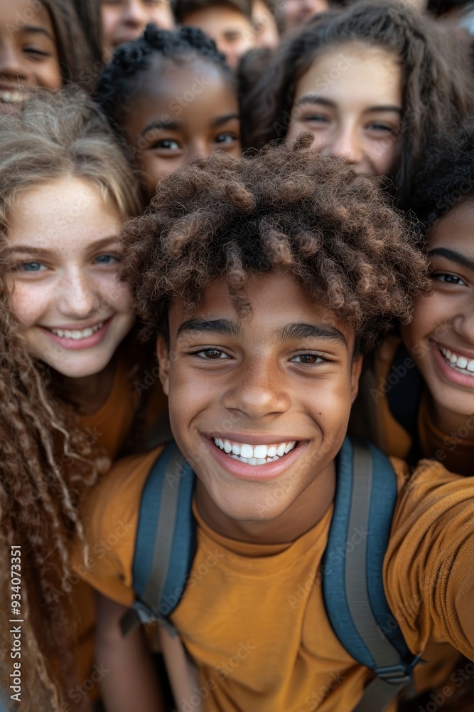 portrait of a group of multiracial young student people smiling taking a selfie together. Happy african american teenager laughing with his cheerful friends. Classmates on friendly, Generative AI portrait of a group of multiracial young student people smiling taking a selfie together. Happy african american teenager laughing with his cheerful friends. Classmates on friendly, Generative AI