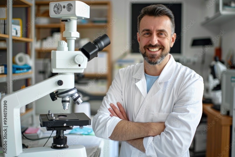 Male optometrist smiling at camera while sitting in office by optical equipment. In the eyeglass shop Male optometrist smiling at camera while sitting in office by optical equipment. In the eyeglass shop