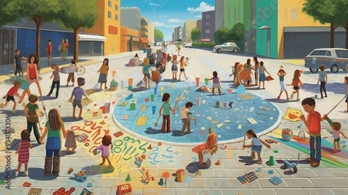 Children creating a giant chalk mural on a city sidewalk 2d cartoon, kids background