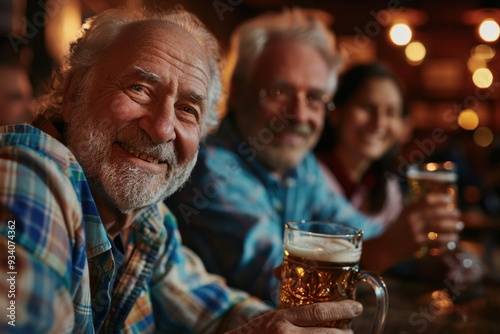 Smiling senior man drinking beer in bar while enjoying a night out with friends. Relaxed life after retirement.