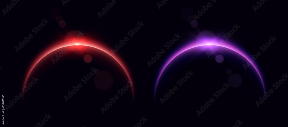 Planet eclipse, glowing flare on the horizon, sunrise over the globe. Crescent planet edge. Vector illustration