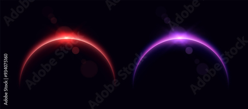 Obraz na płótnie Planet eclipse, glowing flare on the horizon, sunrise over the globe. Crescent planet edge. Vector illustration w salonie