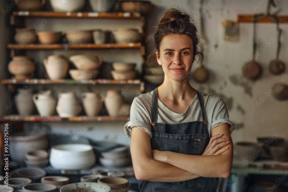 Cheerful female craftsman poses in pottery studio pottery artist Cheerful female craftsman poses in pottery studio pottery artist