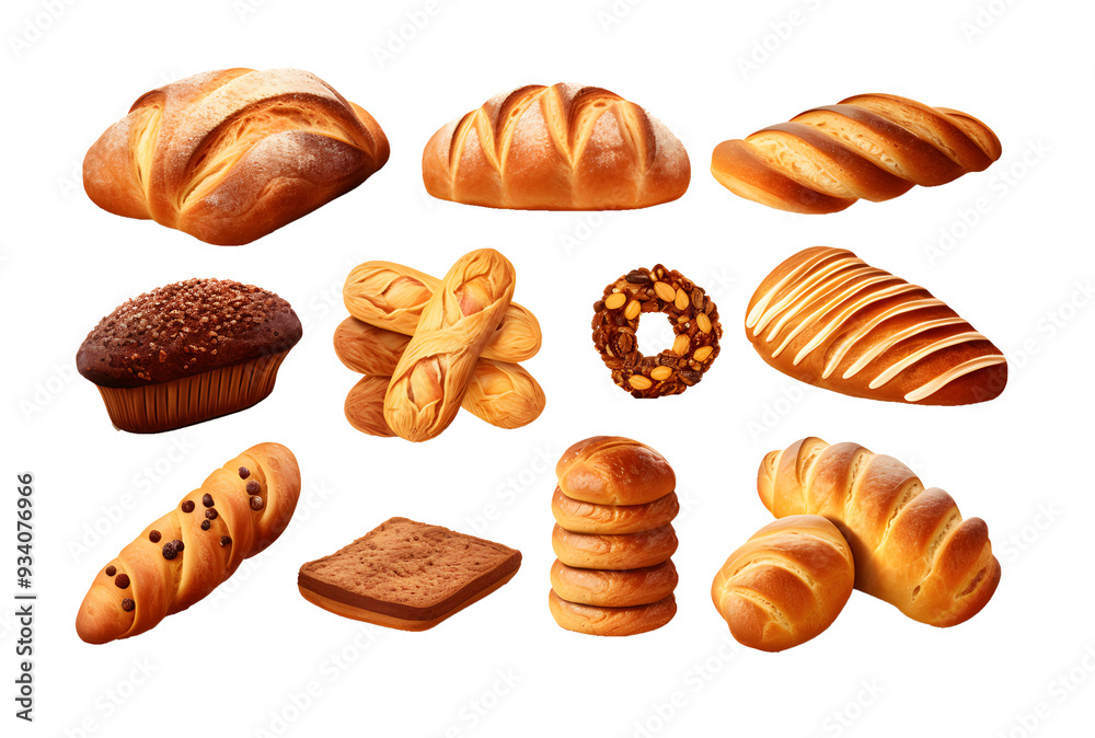 Set of various sweet breads Slices and bakery or pastries, isolated cartoon vector set of bakery products translucent background Set of various sweet breads Slices and bakery or pastries, isolated cartoon vector set of bakery products translucent background
