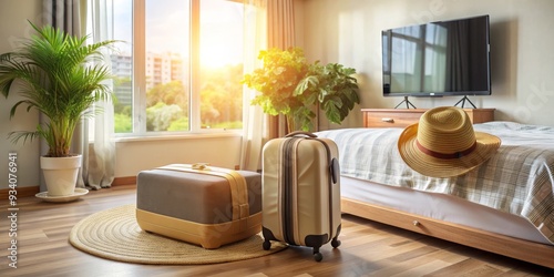 Wallpaper Mural Travel Ready A Sunlit Bedroom with Luggage, Hat, and a View, travel , vacation , bedroom , suitcase Torontodigital.ca