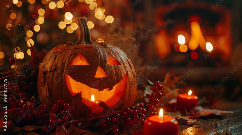 Smiling jack-o-lantern with glowing candlestick, surrounded by candles, and warm fireplace Smiling jack-o-lantern with glowing candlestick, surrounded by candles, and warm fireplace