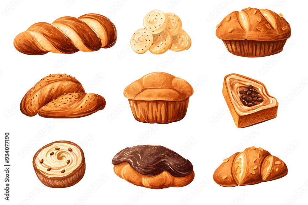 Set of various sweet breads Slices and bakery or pastries, isolated cartoon vector set of bakery products translucent background Set of various sweet breads Slices and bakery or pastries, isolated cartoon vector set of bakery products translucent background