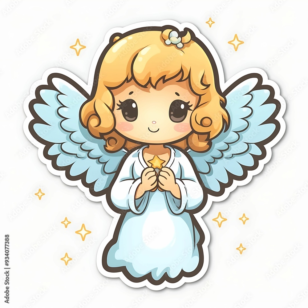 Cute angel character with blonde curls and blue wings holding a star, set against a sparkling background Cute angel character with blonde curls and blue wings holding a star, set against a sparkling background