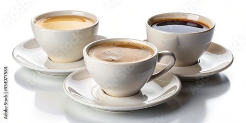 Three Cups of Coffee, Tea and Black Coffee, White Ceramic, Close Up, White Background, coffee , tea