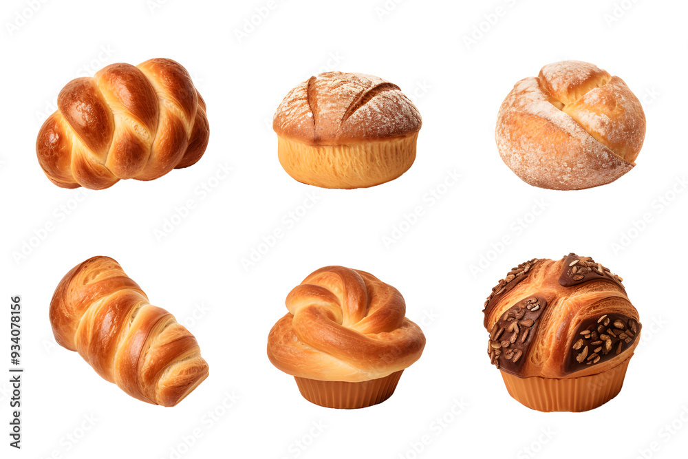 Set of various sweet breads Slices and bakery or pastries, isolated cartoon vector set of bakery products translucent background