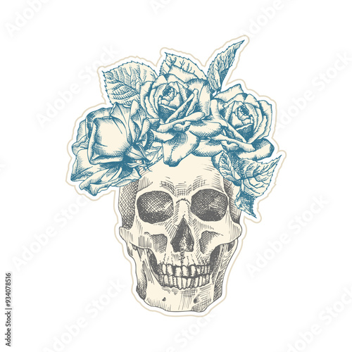Vintage sticker human skull with wreath flowers rose. Art collage Zine Culture style. Hipster barber shop concept. Tattoo, t-shirt design Realistic hand drawn sketch. Skeleton head Vector illustration