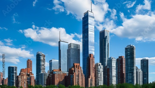 The skyline of modern cities and the blue sky complement each other, and low-rise buildings contrast sharply with high-rise buildings. #934078711