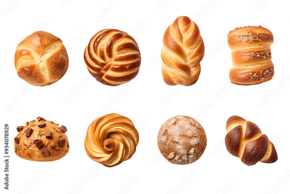 Set of various sweet breads Slices and bakery or pastries, isolated cartoon vector set of bakery products translucent background Set of various sweet breads Slices and bakery or pastries, isolated cartoon vector set of bakery products translucent background
