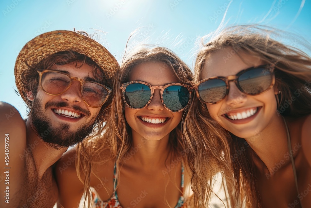 Happy young friends having fun on the beach, Generative AI Happy young friends having fun on the beach, Generative AI