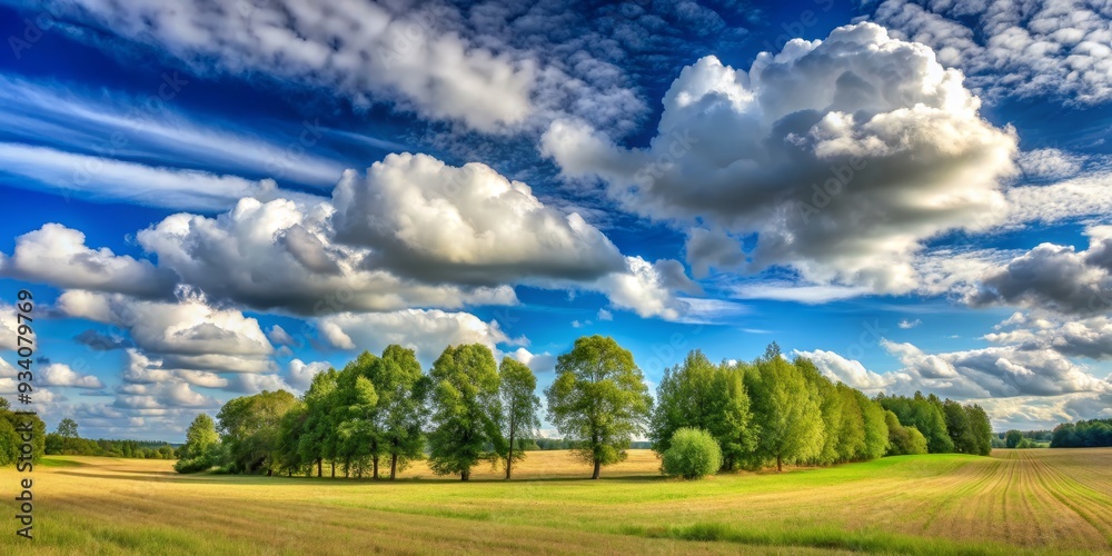 Fototapeta premium Summer Landscape with Fluffy Clouds and Trees, nature , scenery , field , summer