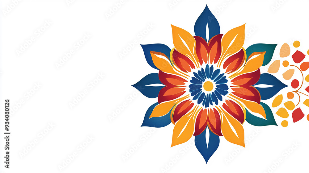 Circular pattern blue, red, orange leaves on white background.