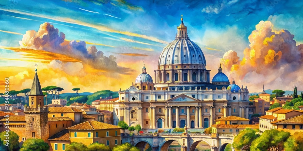 Fototapeta premium St. Peter's Basilica at Sunset A Digital Painting, Rome, Italy, Architecture, Religion, Vatican City, Art