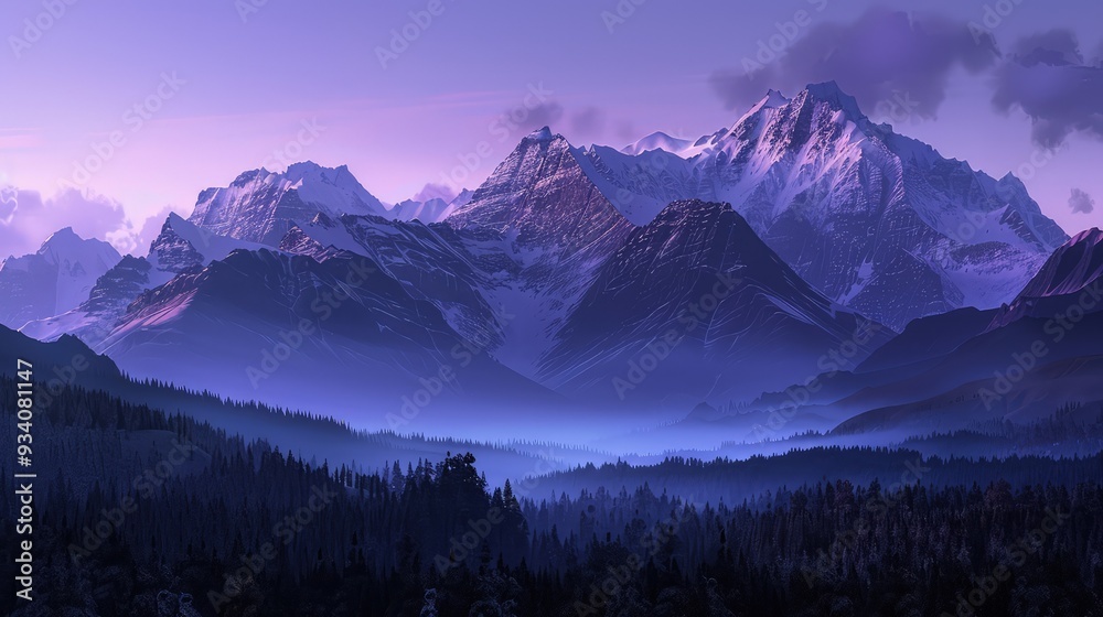 The first light of dawn casting a soft purple hue over snow-capped mountain peaks, contrasted by a dark, dense forest below.