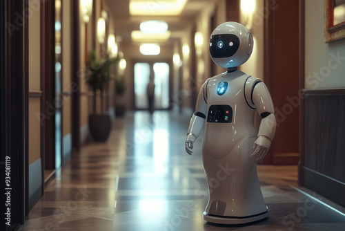 A white humanoid robot walks down a hospital corridor, showcasing the future of healthcare with innovative technologies.