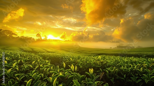 The first rays of the sun hitting a misty tea farm, with the sky a vibrant yellow and dramatic clouds adding depth to the scene.