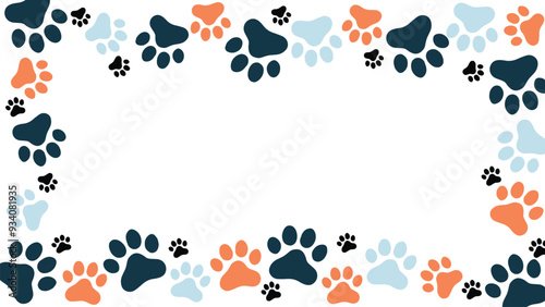 Animals Footprint Border Frame. Copy space background with pet foot. Animal or pet theme seamless pattern backdrop.