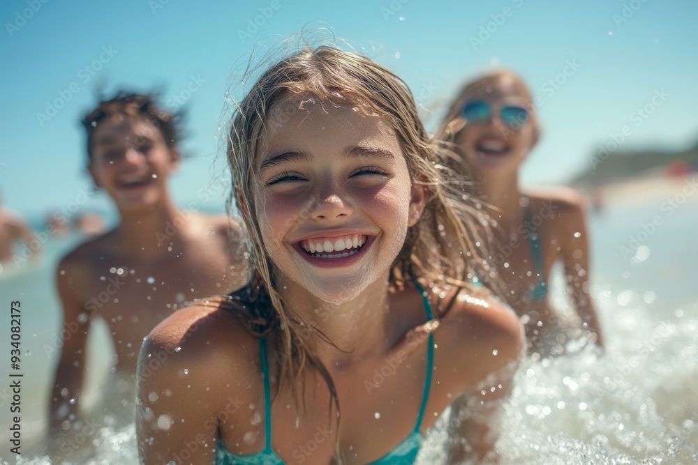 Young friends enjoying a day at beach, Generative AI