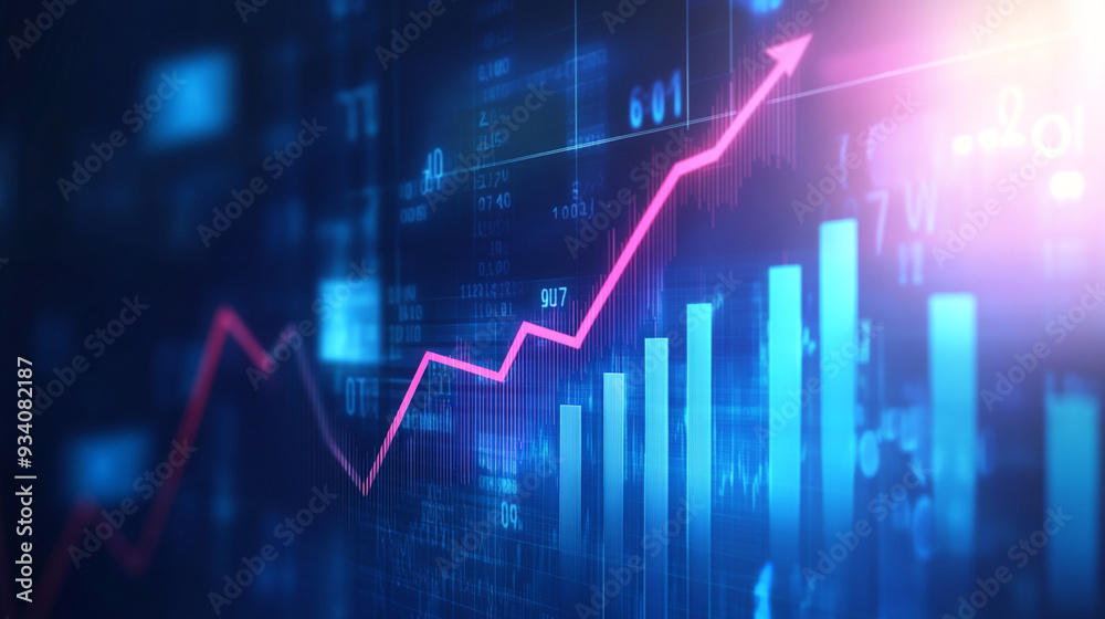 Widescreen Abstract financial graph with uptrend line arrow and bar chart of stock market on blue color background. Widescreen Abstract financial graph with uptrend line arrow and bar chart of stock market on blue color background.