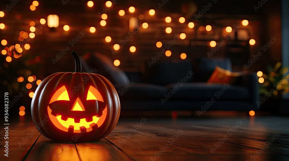 Obraz premium A warm and cozy Halloween scene featuring a glowing jack-o'-lantern and festive string lights in a welcoming interior.