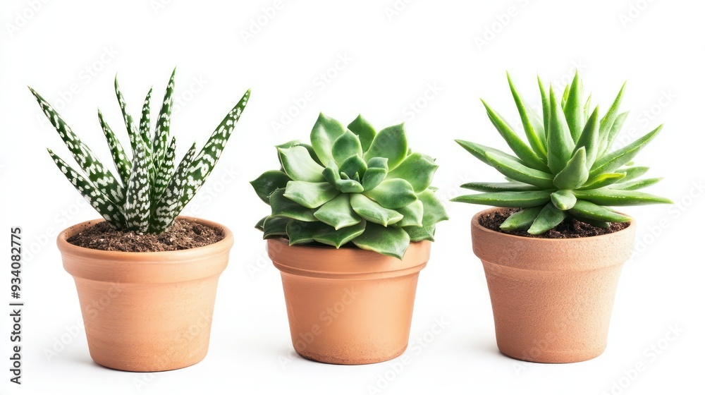 Three Succulents in Pots on White Background Three Succulents in Pots on White Background