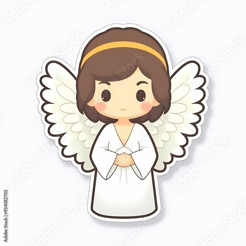 Cute cartoon angel character with wings in a simple white dress and brown hair