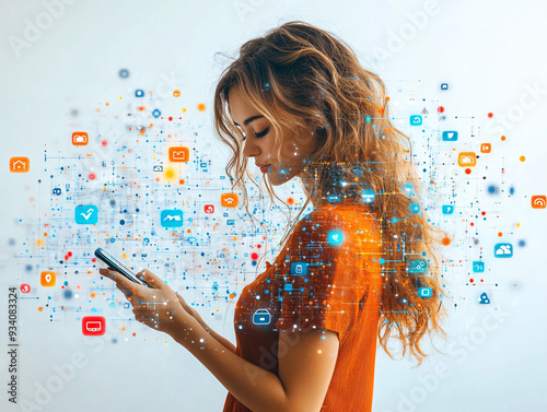 A mulher engajada em diversas atividades digitais em seu smartphone, demonstrando a versatilidade e praticidade da tecnologia no dia a dia. photo