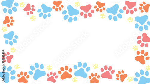 Animals Footprint Border Frame. Copy space background with pet foot. Animal or pet theme seamless pattern backdrop.