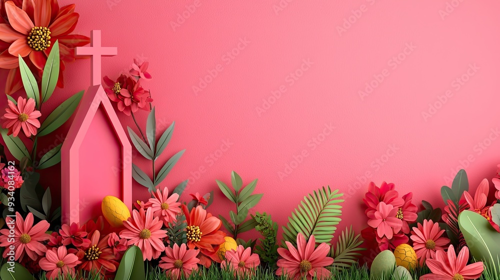 Obraz premium Vibrant floral arrangement with a pink church silhouette, perfect for Easter or spring celebrations.