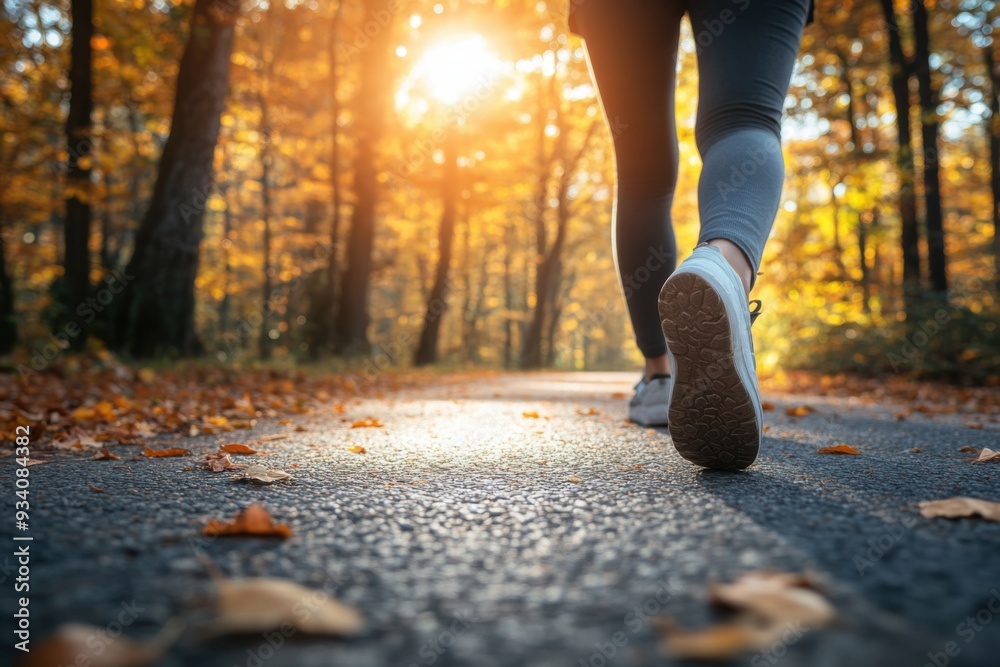 A person walking along a forest path during autumn, with the sun setting and leaves scattered around. A person walking along a forest path during autumn, with the sun setting and leaves scattered around.