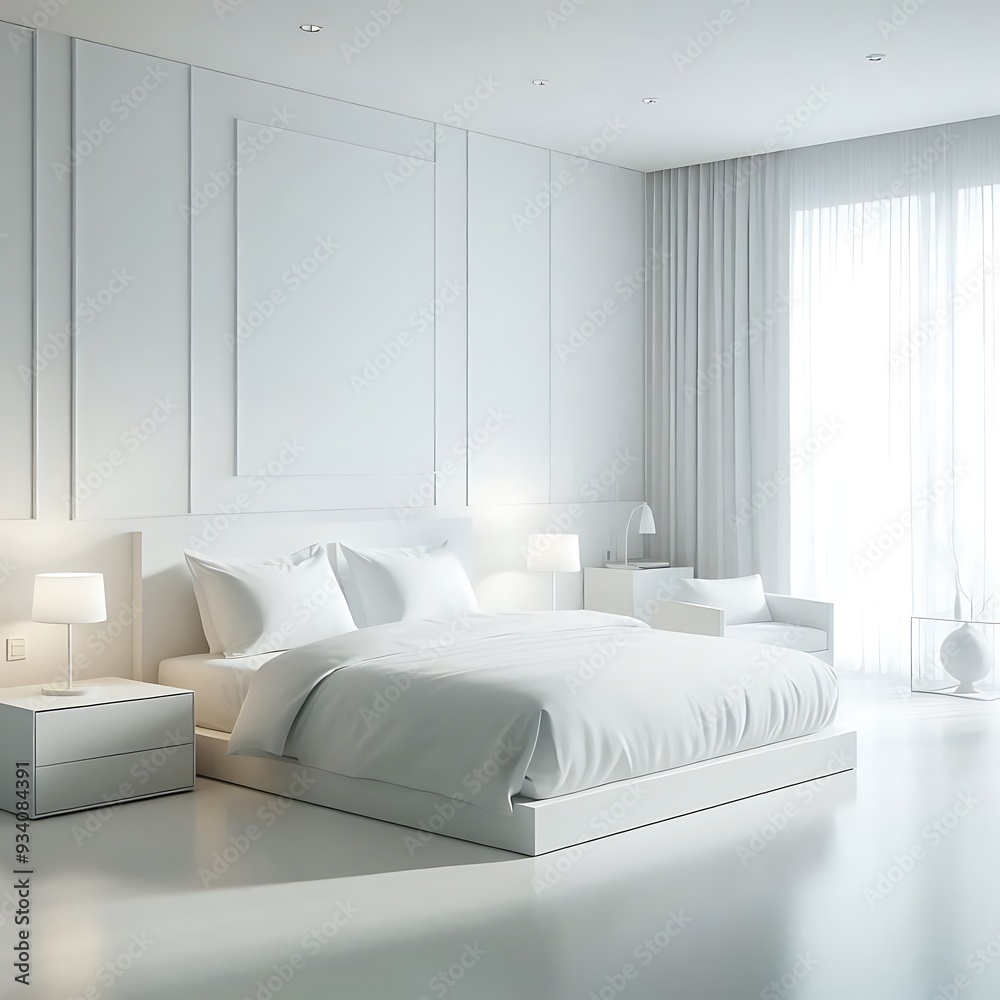Fototapeta premium a bedroom with a white bed and a white headboard