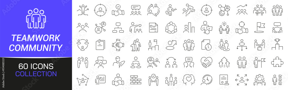 Obraz premium Teamwork and community line icons collection. Thin outline icons pack. UI icon collection. Set of line web pictogram