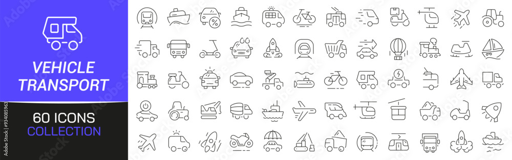 Vehicle and transport line icons collection. Thin outline icons pack ...