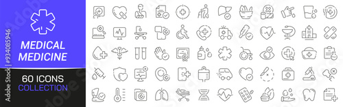 Medical and medicine line icons collection. Thin outline icons pack. UI icon collection. Set of line web pictogram
