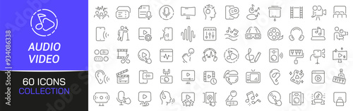 Audio and video line icons collection. Thin outline icons pack. UI icon collection. Set of line web pictogram
