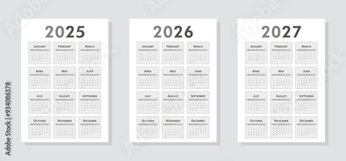 Set of calendars 2025, 2026, 2027 years. Black and white vertical classic A4 calendar templates. Week starts Monday. Yearly planner layout with 12 month. Vector illustration