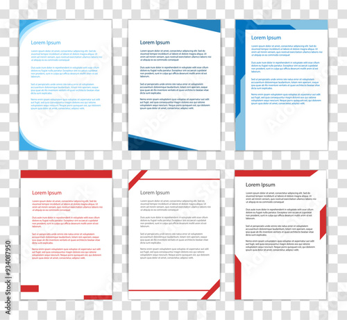Three modern document templates with red and blue accents. Each template features different red design elements and text placement, offering a diverse range of professional layouts, mockup