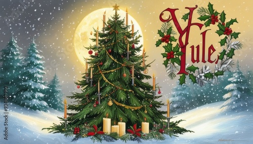 A serene and mystical winter scene depicting the essential yule