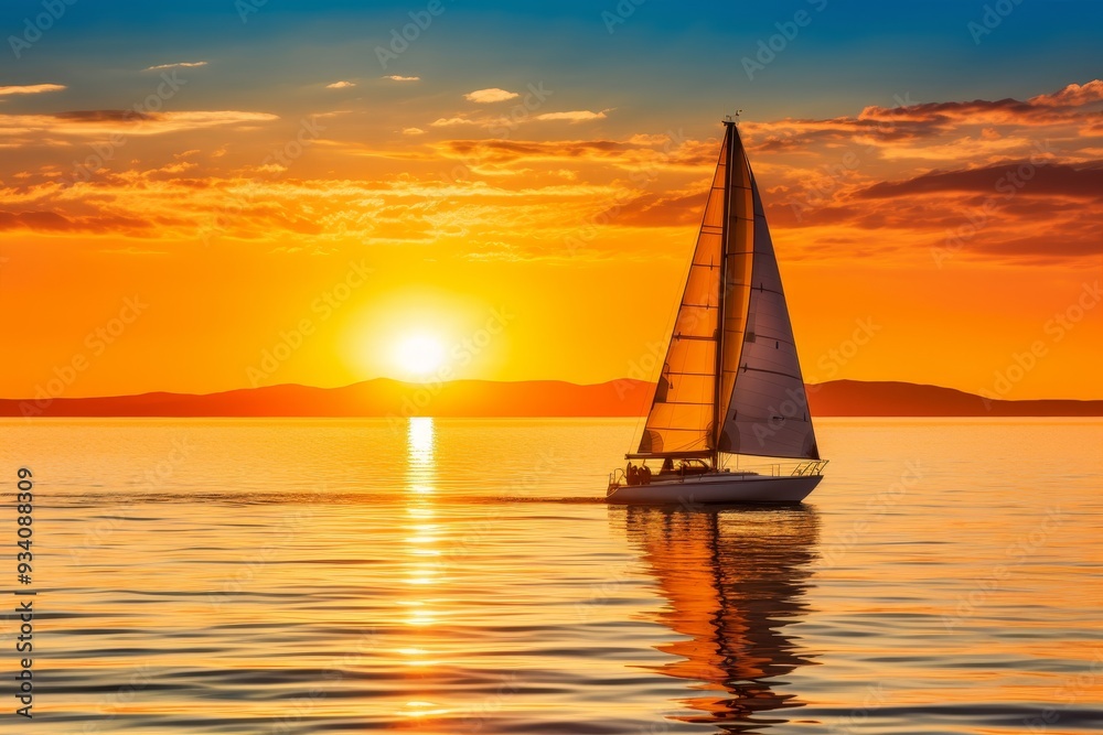 Fototapeta premium Sailboat at Sunset: Golden Hour on the Ocean