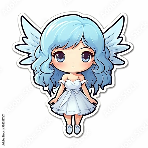 Cute blue-haired angel character with wings in a white dress