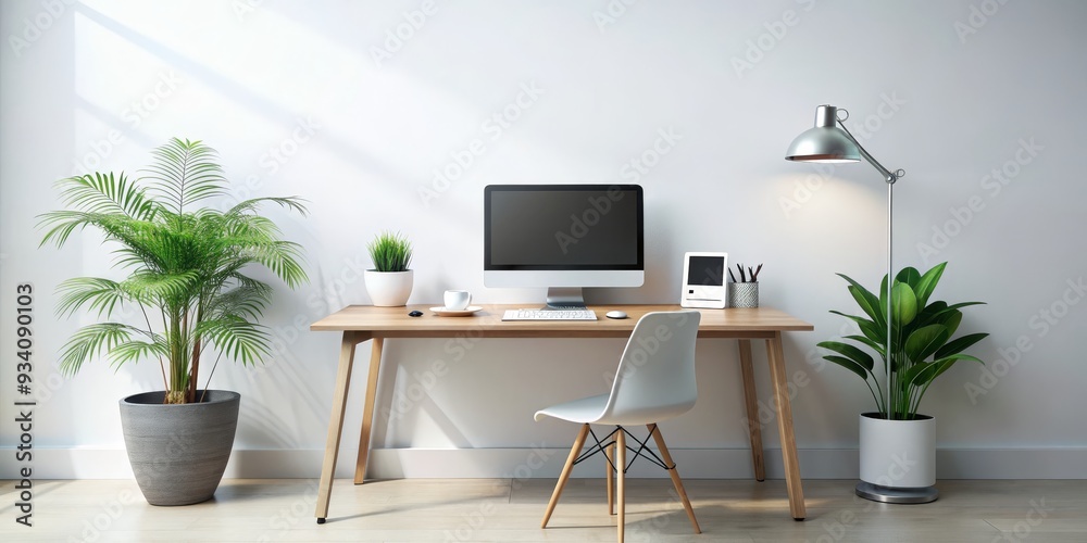 Fototapeta premium Minimalist Home Office Desk Setup with White Chair and Plants, Minimalism, Home Office, Interior Design, Workspace