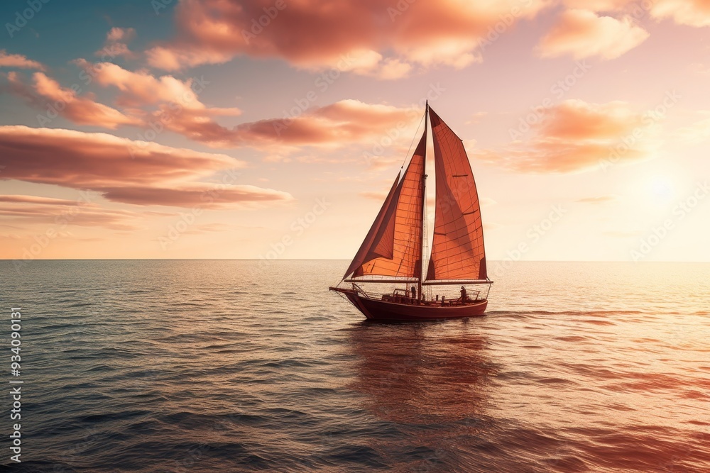 Fototapeta premium Sailboat at Sunset on the Ocean: A Tranquil Scene