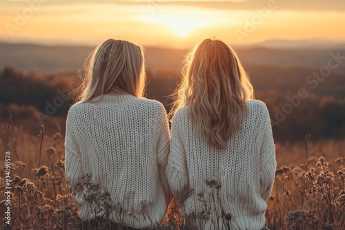 Two women in white sweaters are looking on the sunset. Best friends, Generative AI