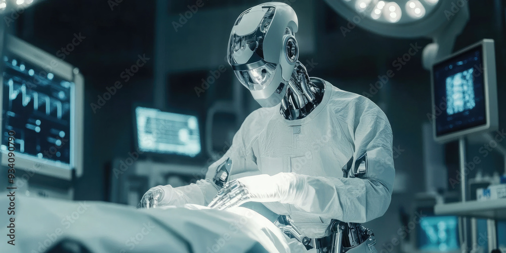 State-of-the-art medical robot is performing a surgical procedure on a patient in a modern operating room equipped with advanced technology. State-of-the-art medical robot is performing a surgical procedure on a patient in a modern operating room equipped with advanced technology.