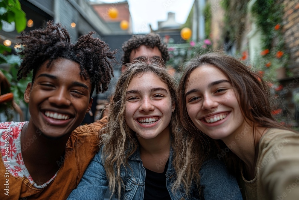 Diverse young friends taking selfies together in a cafe courtyard, Generative AI Diverse young friends taking selfies together in a cafe courtyard, Generative AI